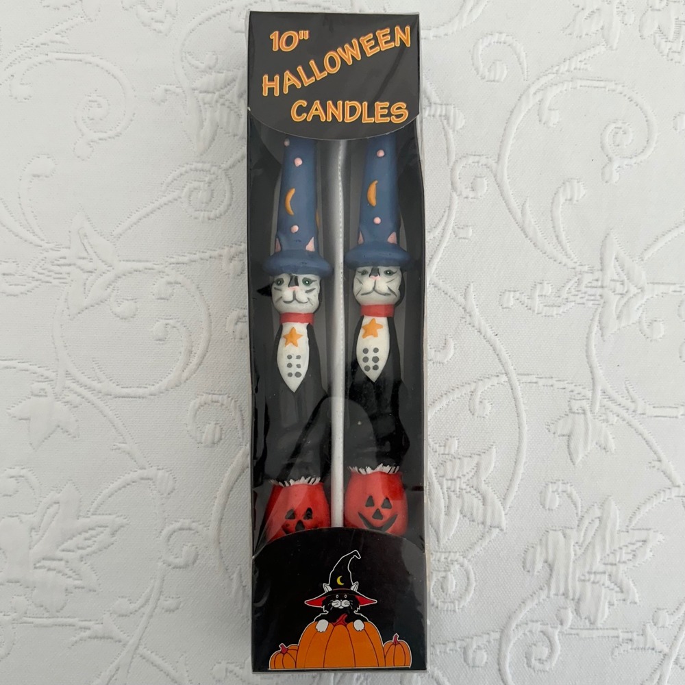 Vintage 80s 2 pk Christmas Tree Shops Halloween 10" Taper Candles Cat Pumpkin